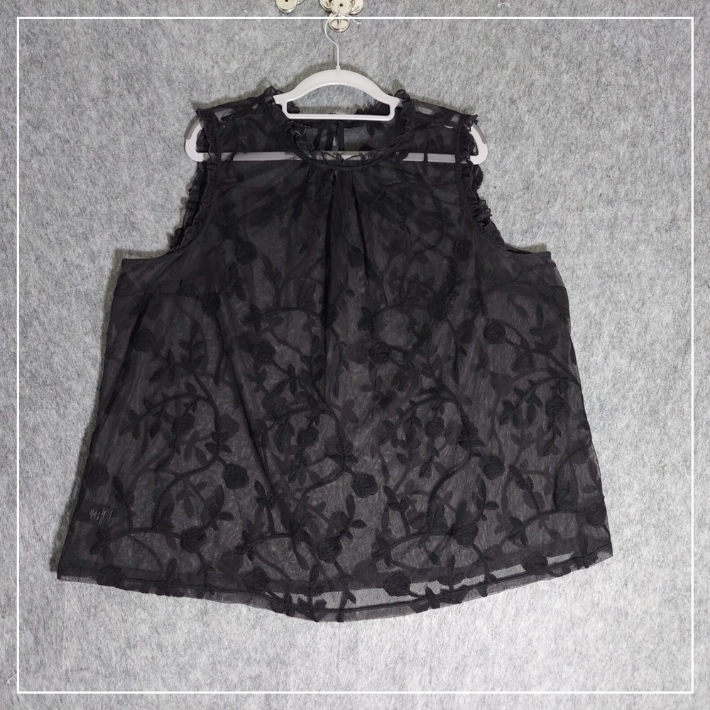 Torrid Tank Top Women 1 1X Black Sheer Mesh Floral Embroidered Sleeveless Blouse